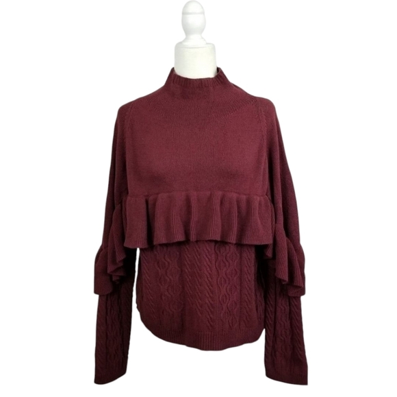 Project Naadam maroon red mock neck ruffle cable knit sweater women's  M NWT - Picture 1 of 7